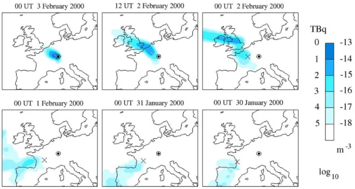 Fig. 1. Normalised retroplume ˆ χ 1 ∗ (x, t ) at ground or sea level corresponding to the 100 mBq.m −3 peak in Freiburg between 02:00 and 10:00 UT on 3 February 2000