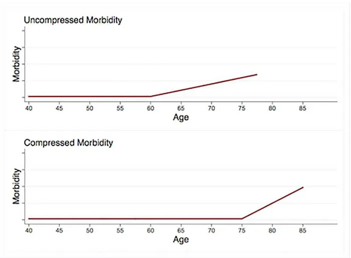 Fig 1. Compression of morbidity. Relative to the top trajectory, the bottom trajectory shows a 15-year delay in morbidity onset and a 7.5-year delay in death