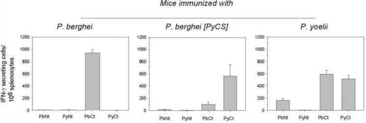 Figure 1. CS–specific T cells induced by immunization with irradiated sporozoites. Mice were immunized 3 times with IrrSpz from the different parasite lines