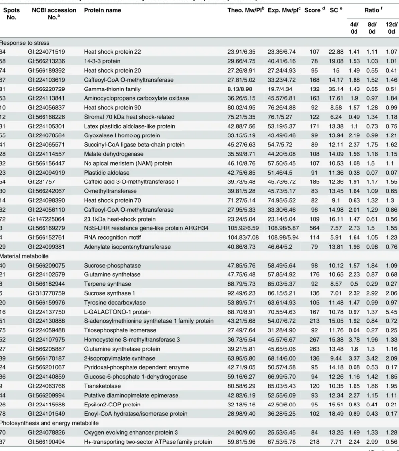 Table 1. Proteins identified by MALDI-TOF/TOF analysis of differentially expressed proteins spots.