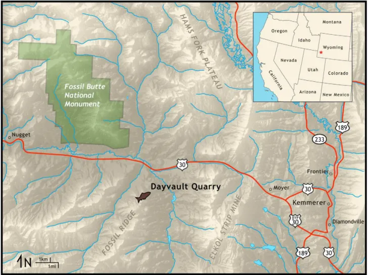Figure 1. Locality map of Dayvalult Quarry, source of specimen FOBU-12718, with relation to Fossil Butte National Monument, Wyoming (USA).