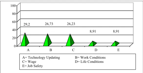 Figure 1. The Most Important Problems for the Union (%)A= Technology Updating   B= Work Conditions C= Wage   D= Life  Conditions E= Job Safety 