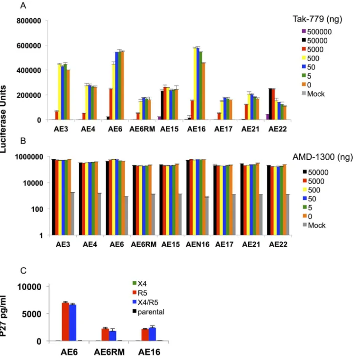 Fig 2. Coreceptor tropism of early SHIV stocks. (A-B) TZM-bl cells were incubated for 1 h with different concentrations of the CCR5 inhibitor TAK-779 or the CXCR4 inhibitor AMD-3100 and subsequently were infected with 100 TCID 50 of the indicated SHIV stoc