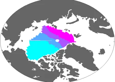 Figure 2. Map of the Arctic Ocean with the four basins’ definitions used to calculate averages shown in different colors.