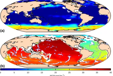 Figure 6. Difference between the gridded TCO 2 input data and the mapped climatologies at 10 m (a) and 3000 m (b).