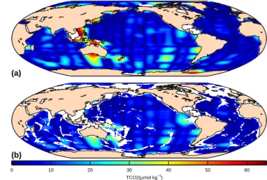 Figure 7. Difference between the gridded TAlk input data and the mapped climatologies at 10 m (a) and 3000 m (b).