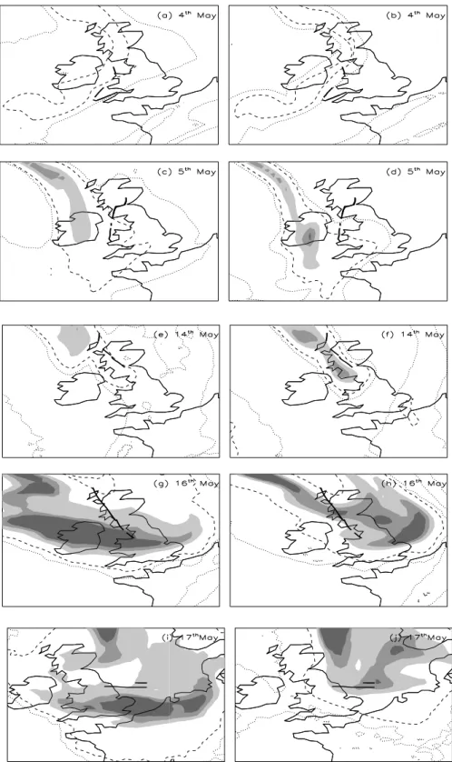 Fig. 4. Maps showing the column integrated mass loadings simulated by NAME. The figures on the left show simulations where the emission profiles is uniform between the top of the volcano and the top of the eruption plume, figures on the right are for an em