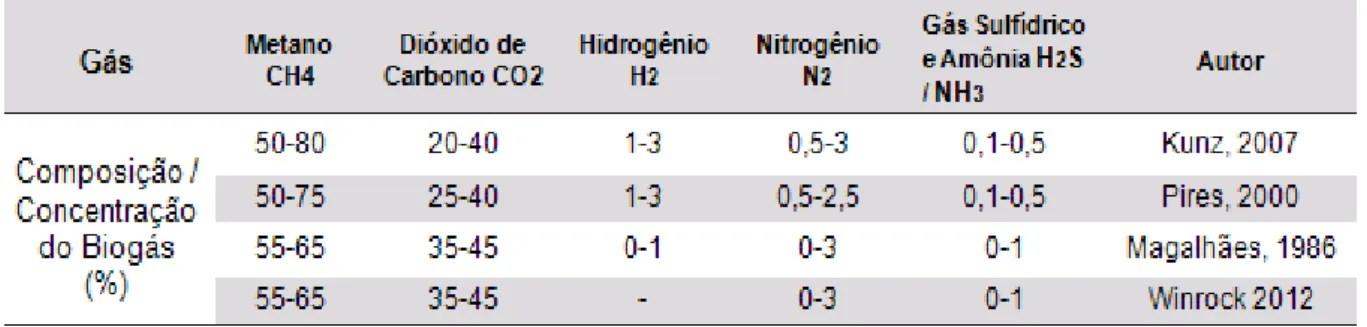 Tabela 7 – Composição média do biogás de dejetos suínos 