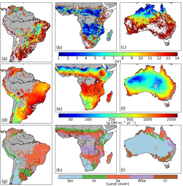 Figure A1. Spatial distribution of parameters affecting fuel consumption dynamics. (a–c) Fire return periods for South America, Sub-Saharan Africa and Australia, respectively; (d–f) net primary productivity for South America, Sub-Saharan Africa and Austral