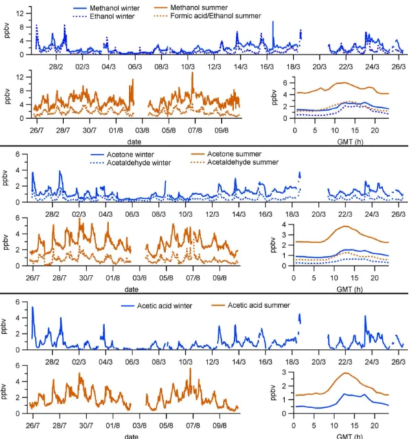 Fig. 5. Short-chain oxygenated VOCs measured at MSY, showing their mixing ratios during the winter period (upper graph of each panel), their mixing ratios during the summer period (lower left graph) and their mean daily cycles (hourly averages) for both pe