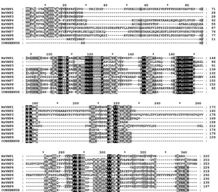 Figure 1.  ClustalW alignment of valine-rich midgut proteins from M. sexta (MsVmps).  Highly conserved or identical amino acids are highlighted with light grey, grey or black shadings
