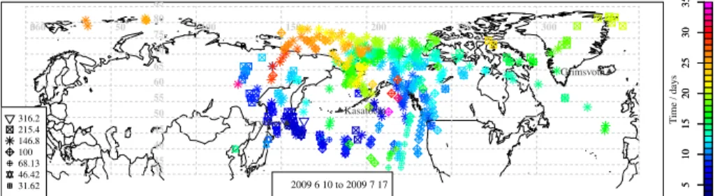 Figure 6. Locations where unusual levels of SO 2 were recorded in the days following the eruption of Sarychev which began on 11 June 2009