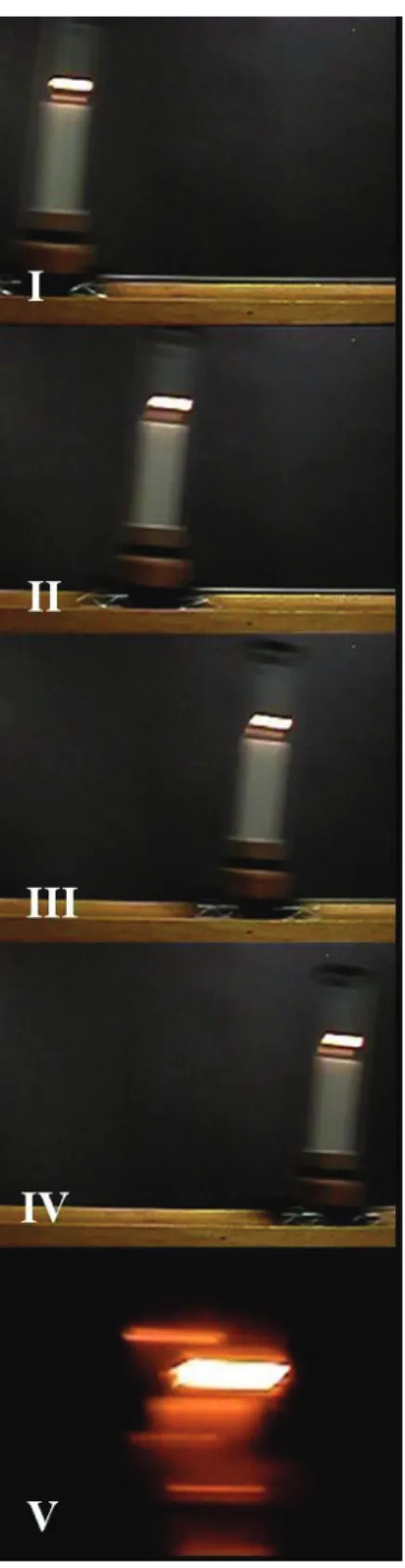 Figura 6 - Da foto I a IV temos o movi- movi-mento retilíneo e acelerado da vela pela queda de uma massa de m = 50 g