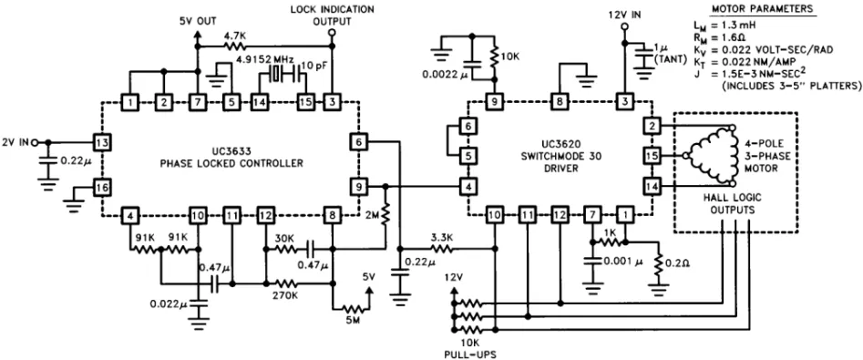 Figure 8. A precision speed control loop uses the UC3620 Switchmode 3-phase Driver and the UC3633 Phase Locked Controller to spin a DC brushless motor at 3600 rpm, ± 60 ppm.