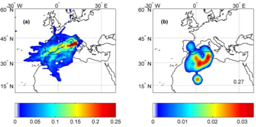 Fig. 2. Backtrajectory analysis of airmasses ending between 3 and 4 km over Rome, during the acquisition of the 180 lidar profiles classified as Saharan dust-affected (SD): (a) geographical density of the computed 1,830 backtrajectories; (b) geographical d