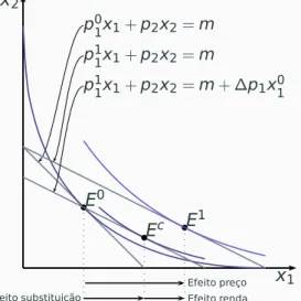 Ilustração gráfica x 2 x 1p01x1+p2x2=mbE0p11x1+p2x2=mbE1p11x1+p2x2=m+ ∆p1x01bEc Efeito preço Efeito substituição Efeito renda