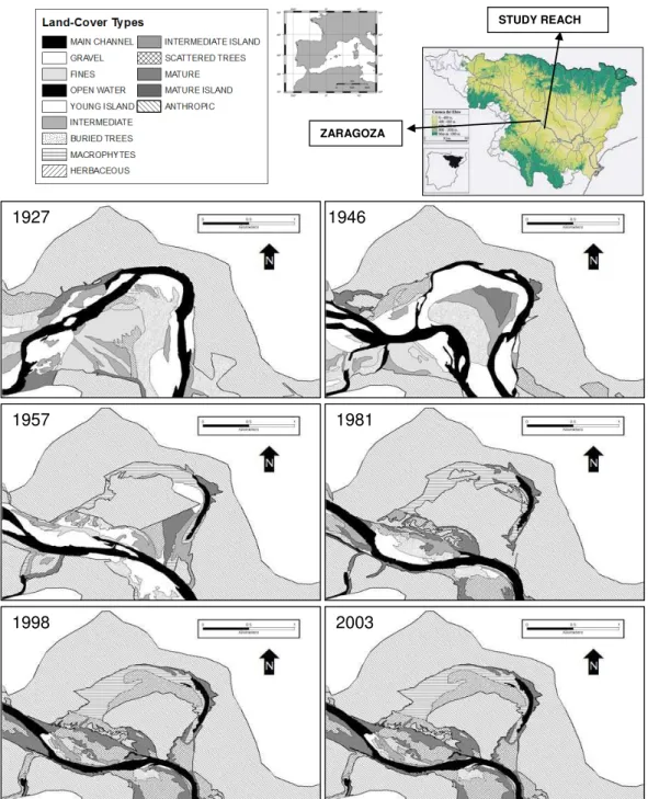 Fig. 1. Ecotope maps for a representative part of the study reach, including each of the six years considered in the study