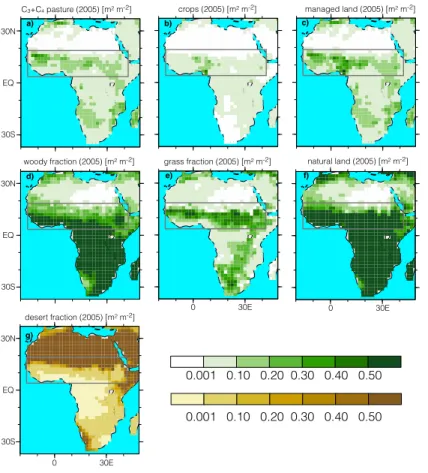 Figure 2. Ensemble mean of the cover fraction [m 2 m −2 ] of managed land (top), natural vege- vege-tation (middle), and desert fraction(bottom) at the end of the historical simulation (year 2005) simulated by MPI-ESM