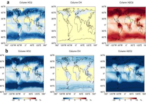 Figure 11. Annually averaged fractional change in column HO 2 , OH and H 2 O 2 with the inclusion of HO 2 uptake into clouds leading to (a) the production of H 2 O and (b) the production of H 2 O 2 assuming a cloud pH of 5 and the Thornton et al