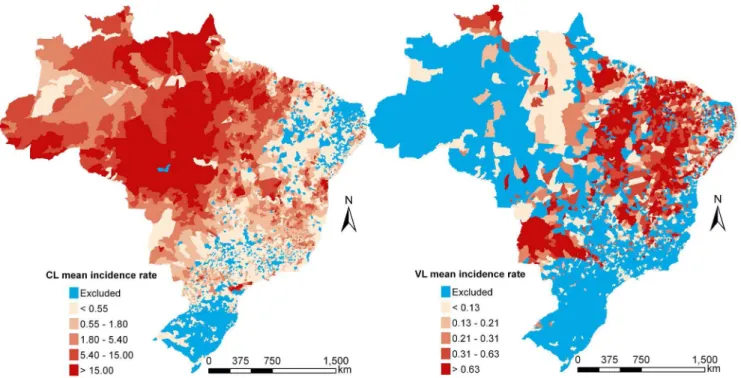Figure 2 shows the annual incidence rates of CL and VL per 10,000 people in Brazil for the period 2001–2010