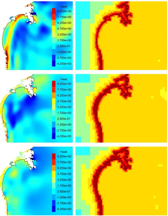 Fig. 7. Detail of the wave evolution in the Miyagi prefecture area. The black line in all figures is the coastline