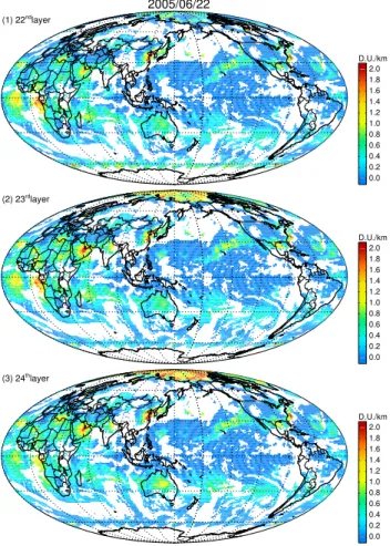Figure 6. Global maps of ∆O 3 observed by OMI at the (1) 22nd, (2) 23rd, and (3) 24th layer on 22 June 2005, which correspond to the MOZAIC measurement shown in Fig