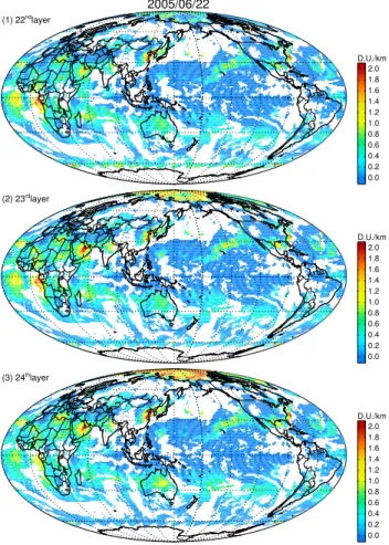 Figure 6. Global maps of ∆O 3 observed by OMI at the (1) 22nd, (2) 23rd, and (3) 24th layer on 22 June 2005, which correspond to the MOZAIC measurement shown in Fig