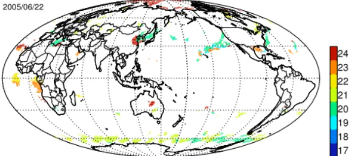 Figure 7. The layer peak for the ozone enhancement (∆O 3 ) on 22 June, 2005. Grids were selected where the TCO was larger than 0.8 D.U