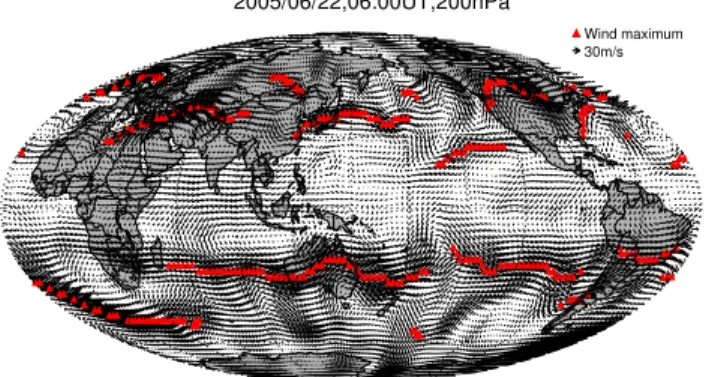 Figure 8. A global map of NCEP wind at 200 hPa at 06:00 UT (14:00 CST). Locations of maxi- maxi-mum wind speed along the longitude are denoted by red triangles.