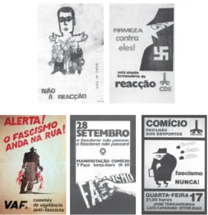 Fig. 4 - Da esquerda para a direita e de cima para baixo: cartaz C – ‘Não à reacção’ – DORL do PCP; cartaz D – ‘Firmeza Contra Eles!’ – MDP-CDE; cartaz E – ‘Alerta! O Fascismo Anda na Rua!’