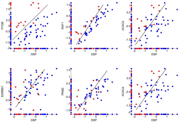 Figure 5. The expressions of gene pairs, namely of insulin signaling genes and DSP. Shown are three pairs of insulin signaling genes connected to DSP in the synergy analysis (top) and three pairs obtained from the differential correlation analysis (bottom)
