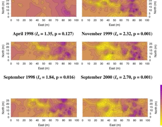 Fig. 6. Maps showing the small-scale spatial pattern of survival (estimated with the SADIE’s index of aggregation, Perry et al