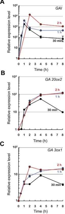 Figure 1. Effect of transient gai-1 induction on known DELLA target genes. Two-day-old, etiolated HS::gai-1 and wild type Col-0 plants grown at 22uC received a 37uC heat-shock treatment for different periods (30, 60, 120 min) and then returned to 22uC