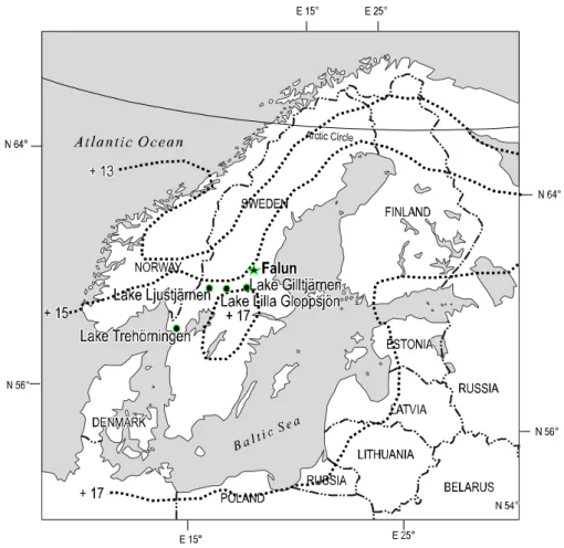 Fig. 1. The study area and the key study sites in central Sweden. The climatological analysis was carried out from the 1900–2002 climate data from Falun