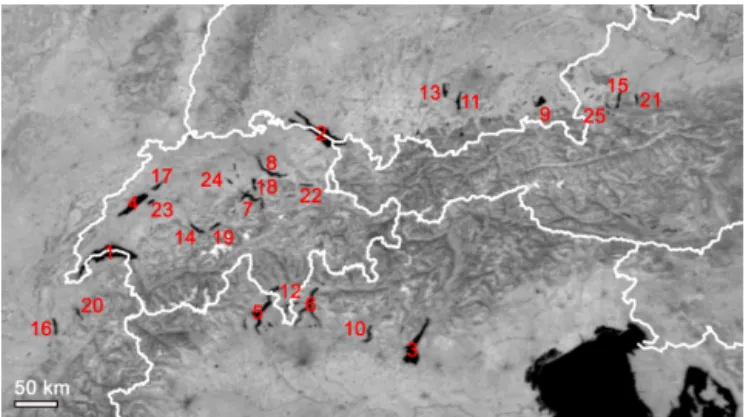 Figure 1. Clear-sky summer composite of the European Alps show- show-ing all lakes included in the proposed data set