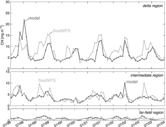Fig. 8. Monthly mean surface chlorophyll concentrations in comparison with the monthly SeaWiFS means for January 1998 to December 2004, both averaged over the delta, intermediate and far-field regions.