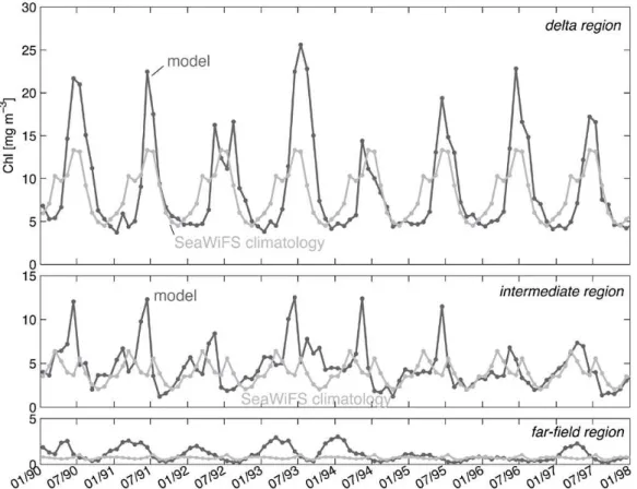 Fig. 7. Monthly mean surface chlorophyll concentrations for January 1990 to December 1997 in comparison with the monthly SeaWiFS climatology, both averaged over the delta, intermediate and far-field regions.
