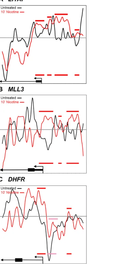 Fig 6. Nicotine-induced changes in nucleosome occupancy at the LITAF, MLL3 and DHFR promoter regions