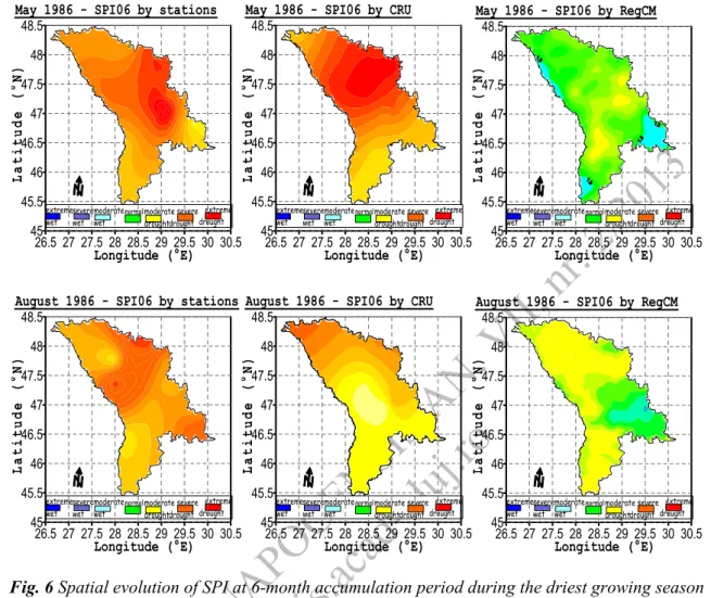 Fig. 6 Spatial evolution of SPI at 6-month accumulation period during the driest growing season   (April-September) of 1986 over Moldova domain at 15 stations (left), CRU grid points (middle),  