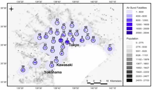 Fig. 4. Targeted areas in the Tokyo/Yokohama, Japanese megacity complex are identified for the scenario used in the present analysis