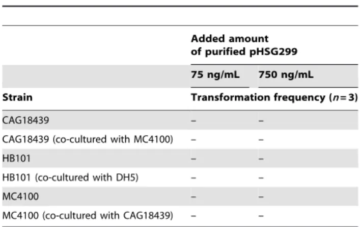 Figure 2. Comparison of cell-to-cell transformation with artificial transformation. Strain names: CAG, CAG18439; HB, HB101; and MC, MC4100