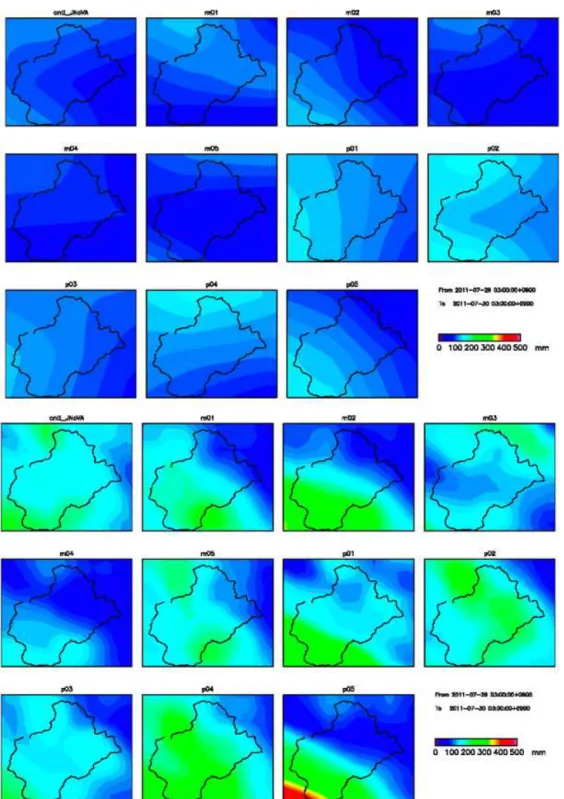 Figure 13. Spatial distributions of cumulative ensemble rainfalls (upper: 10 km resolution; lower: 2 km resolution).