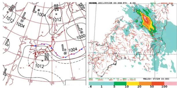 Figure 1. Surface weather map for 09:00 JST, 29 July (left). Three-hour accumulated observed rainfall from 12:00 to 15:00 JST (right).