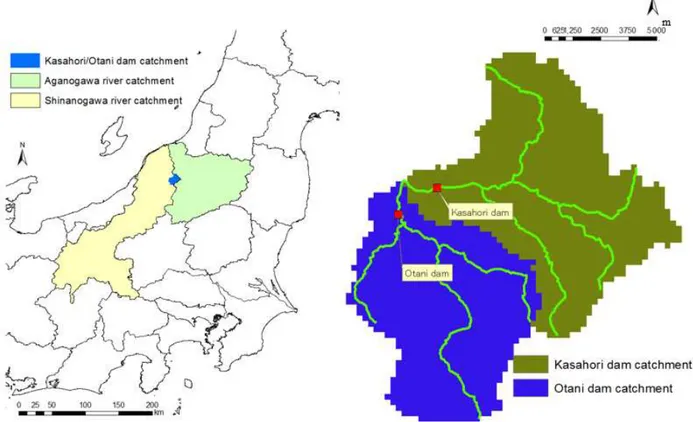 Figure 2. Shinano and Agano river catchments (left). Kasahori dam and Otani dam catchments (right).