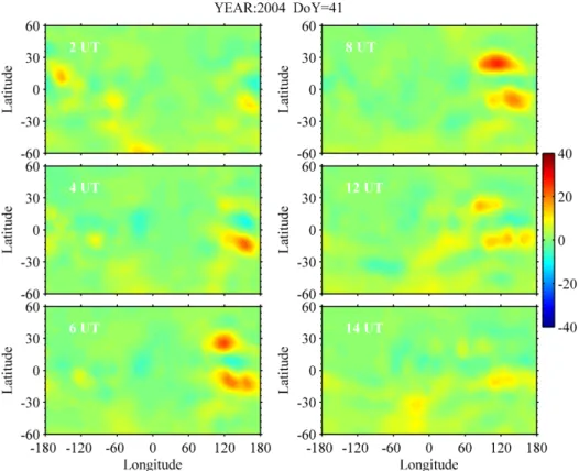 Fig. 2. The deviations (1TEC) from the median values of JPL GIM total electron content (TEC) as a function of longitude and latitude at six universal times on 10 February (day 41), 2004