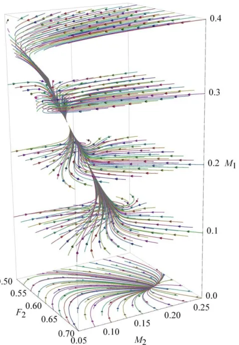 Figure 4 includes cases of equilibrium cultural coexistence. For example, condition (9) is visible in tiles where h 1 ~ 0:2 and h 2 ~ 0:4; the sharp change in color along the line m 2 ~ 2m 1Figure 3