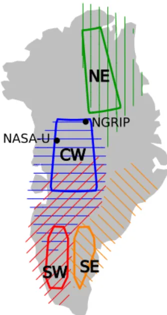 Fig. 2. Overview of the Greenland accumulation regions (frames) as defined in Hutterli et al.