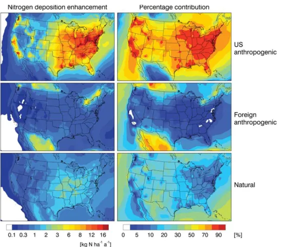 Fig. 10. Domestic anthropogenic, foreign anthropogenic, and natural contributions to annual nitrogen deposition over the contiguous US.
