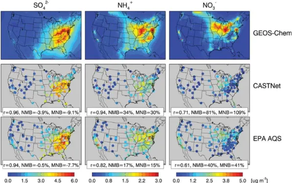 Fig. 5. Annual mean concentrations of sulfate (left), ammonium (middle), and nitrate (right) aerosol in surface air in 2006
