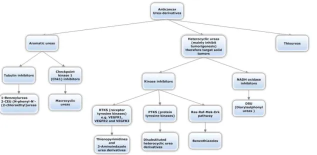 Figure 1. Classification of urea-based antineoplastic kinase inhibitors according to the general chemical structure and highlighting the general mechanism.
